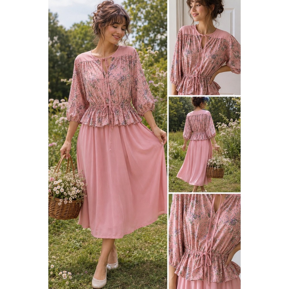 Vintage 70s Pink Floral‎ Prairie Dress Peplum Cottagecore Coquette Grannycore 12